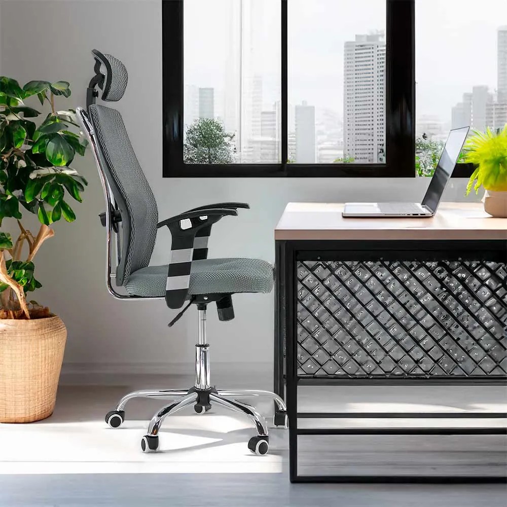 Scaun ergonomic OFF 988 gri, tetieră și suport lombar reglabil