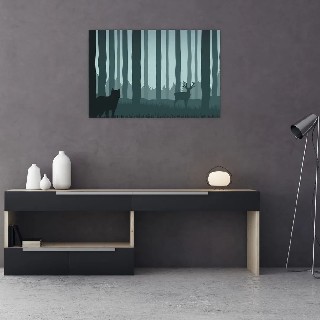 Tablou - Cerb cu lup pe stânci (90x60 cm)