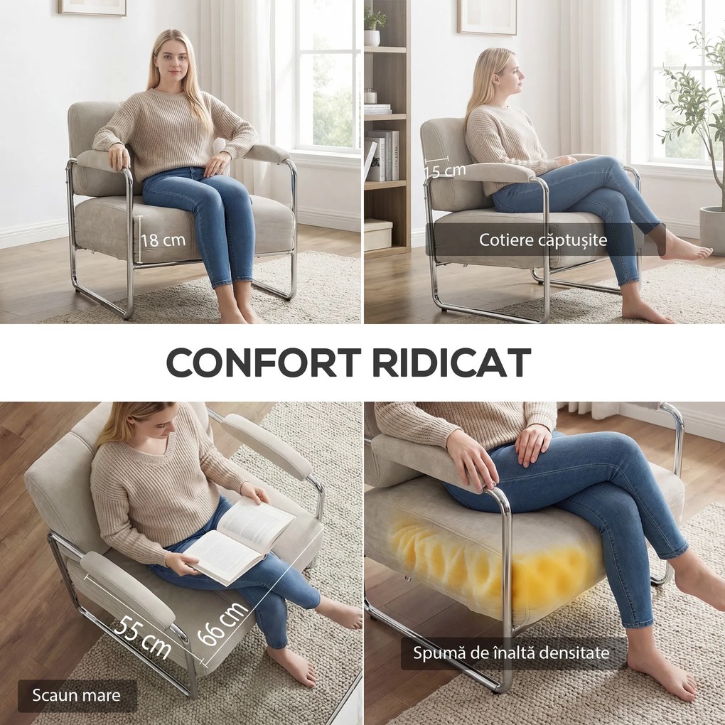 HOMCOM Fotoliu de Living cu Șezut Gros, Spațios, Cusături Duble, Fotoliu pentru Dormitor în Chenille Moale, Ușor de Asamblat, Cadru din Oțel, pentru Living, Birou, Bej | Aosom Romania