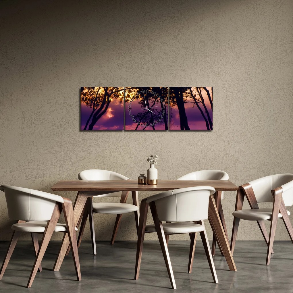 Tablou - Copaci la apus de soare (cu ceas) (90x30 cm)