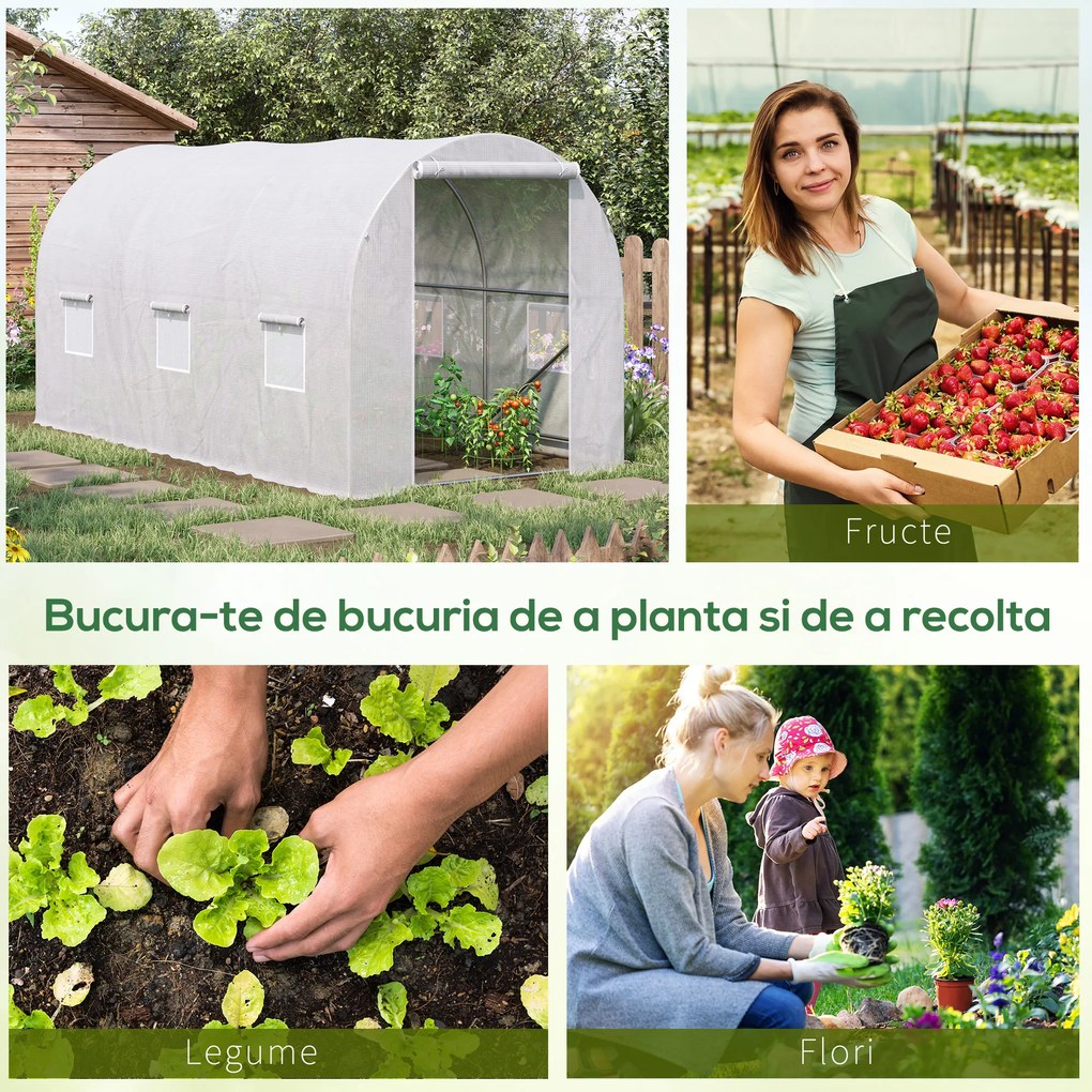 Outsunny sera gradine3,5 x 2 x 2 m, cadru mare din otel galvanizat, tunel din polietilene pentru gradina,  alb | Aosom Romania