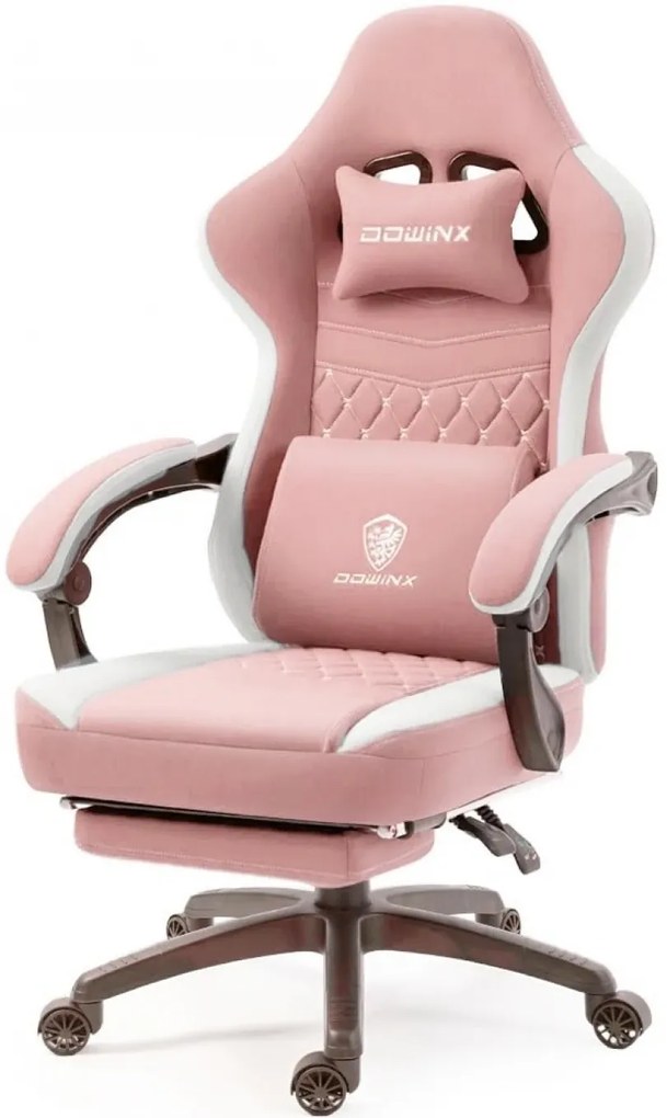 DOWINX Scaun gaming, ergonomic, suport lombar cu masaj, Șezut cu Arcuri Metalice și Spumă, Spătar înalt, rabatabil 90°-135°, Buzunar depozitare, Suport picioare, rezistent 150 kg, material respirabil, Roz