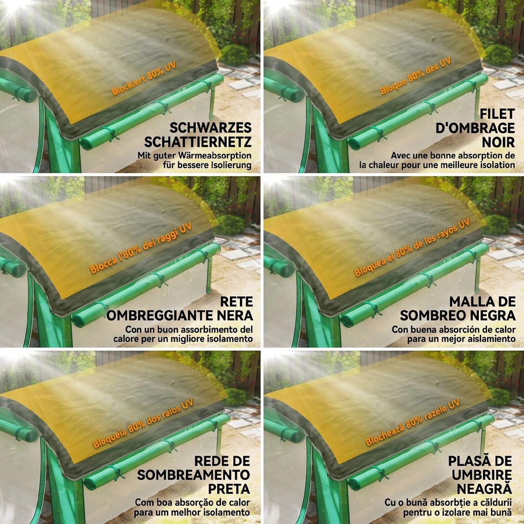 Outsunny Seră de Grădină Tunel 3x2x2 m cu Plasă de Umbrire, Seră pentru Legume și Flori cu 6 Ferestre, 2 Uși și Pereți Laterali Rulanți, Cadru din Oțel și Acoperire PE, Verde | Aosom Romania