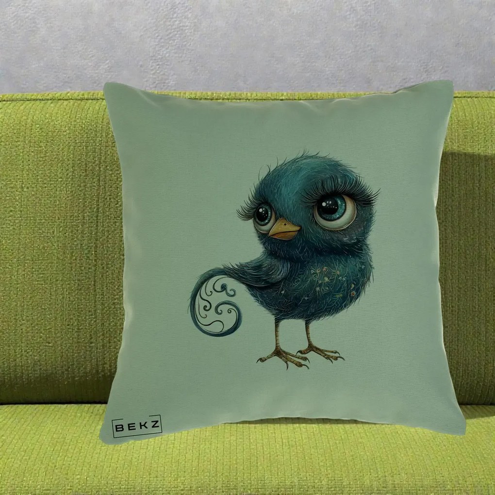 Perna Decorativa Pasare Teal cu Motive Aurii si Coada Spiralata, 40x40 cm, Verde, Husa Detasabila, Perna Inclusa, BEKZ®