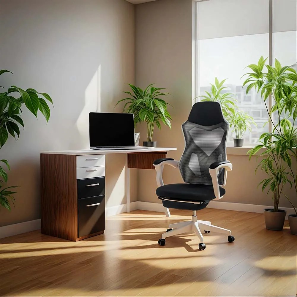 Scaun ergonomic cu suport picioare retractabil OFF 424 alb