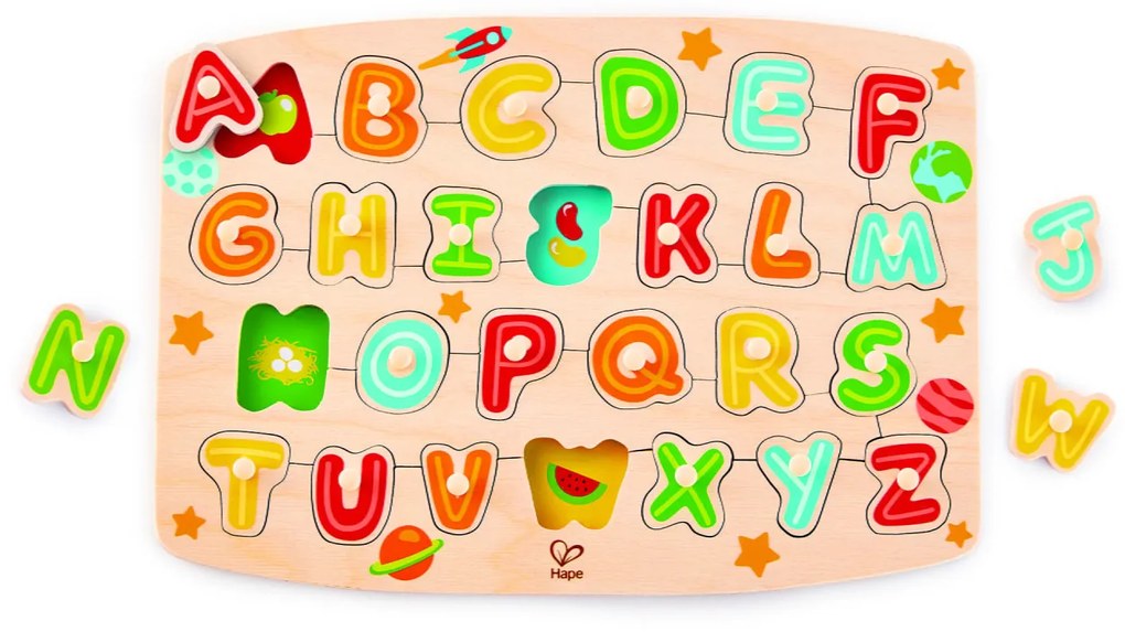 Puzzle din lemn cu butoni - Alfabet
