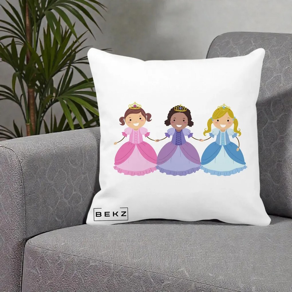 Perna Personalizata Printese Diverse Ilustratie, 40x40 cm, Alba Mata, Husa Detasabila, Perna Inclusa, BEKZ®