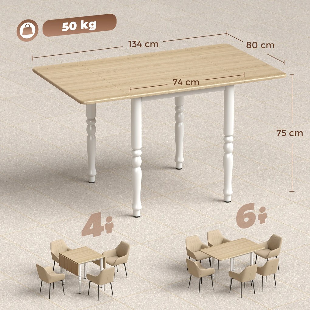 HOMCOM Masă Pliabilă pentru 2-6 Persoane, Extensibilă, Efect de Lemn, Finisaj Natural | Aosom Romania
