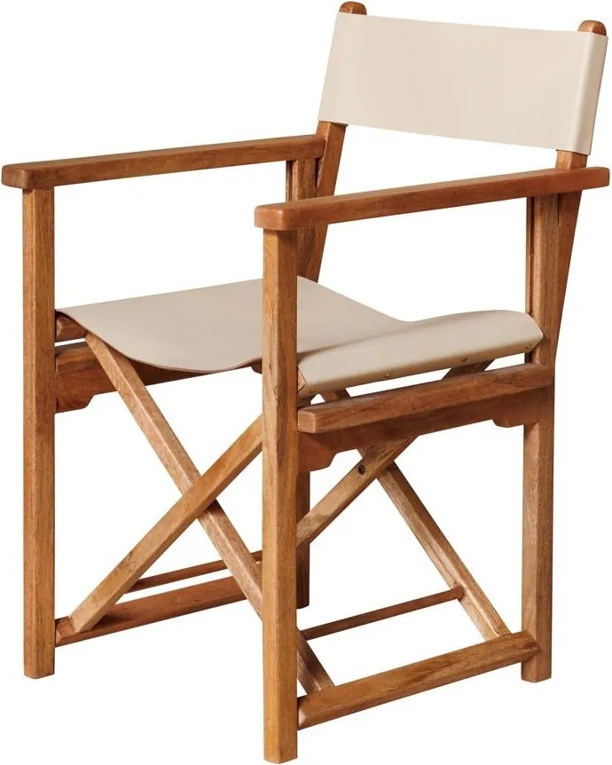 Scaun dining cu brațe din piele naturală și lemn de mango, crem, cu cadru în X și ținte aurii, pliabil, 82 x 57 x 50 cm, „Woody”