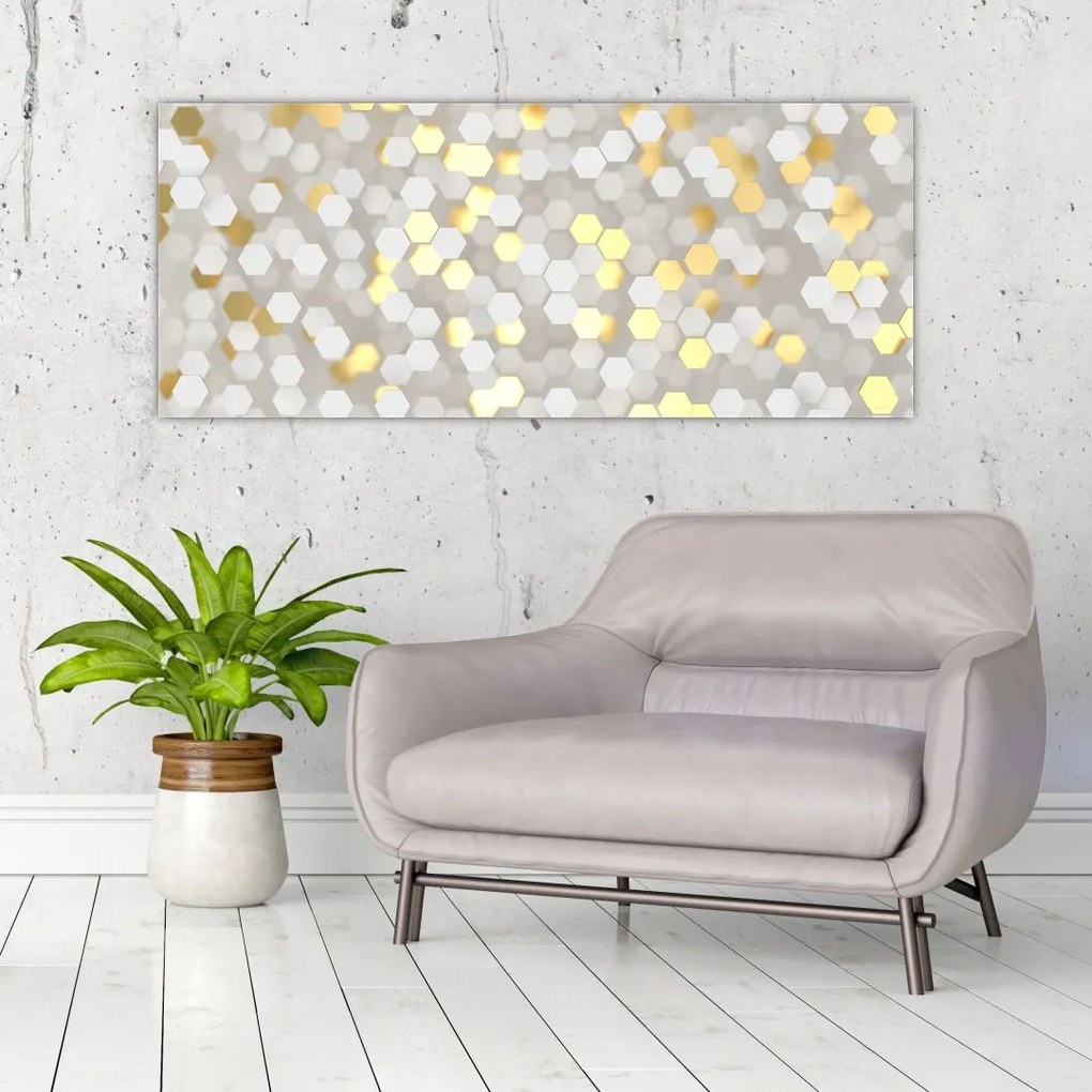 Tablou - Hexagoane alb - auriu (120x50 cm)