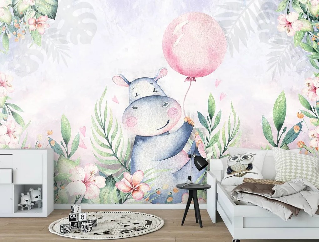 Fototapet - Hipopotan în centrul florilor (152,5x104 cm)