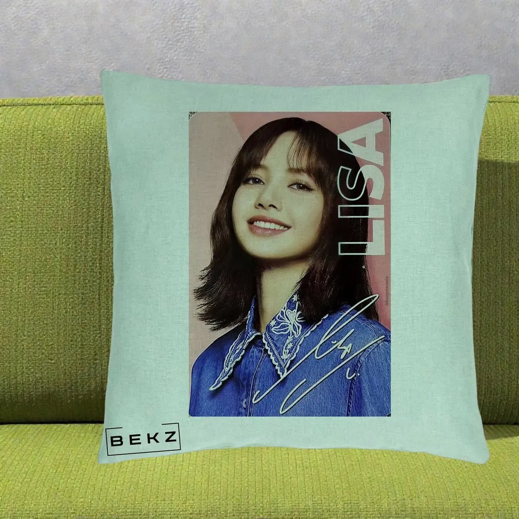 Perna Personalizata K-pop BLACKPINK Lisa cu Semnatura, 40x40 cm, Verde Menta, Husa Detasabila, Perna Inclusa, BEKZ®