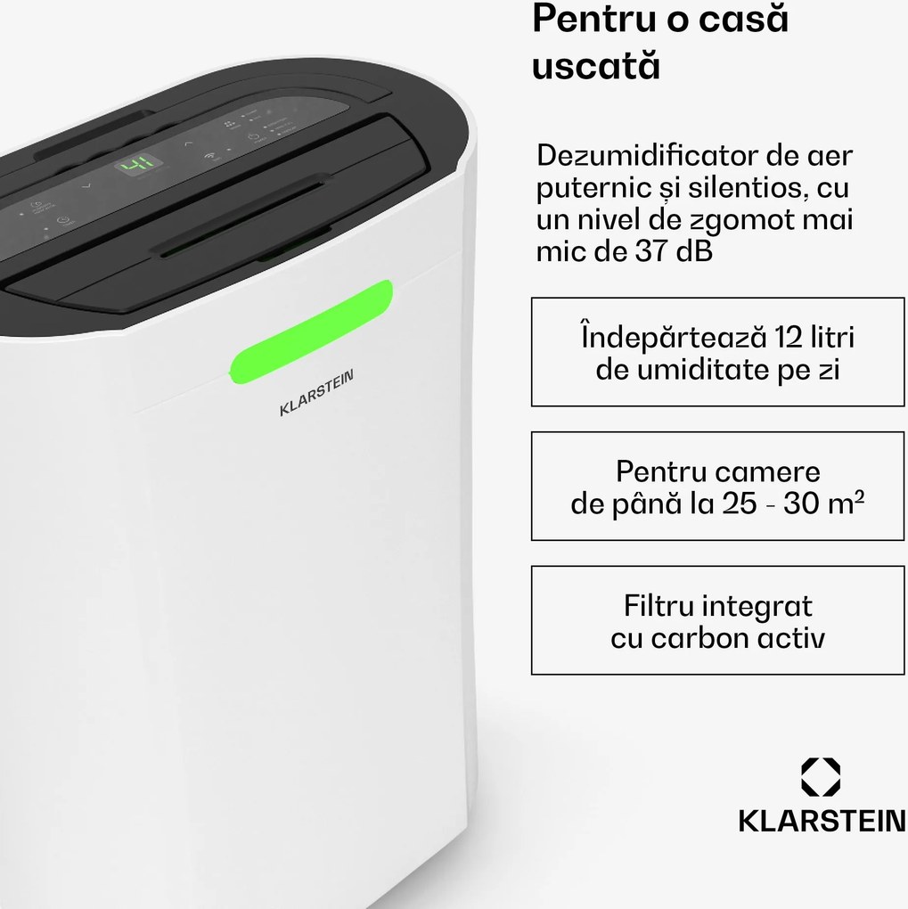 Klarstein AeroDry Smart 12 dezumidificator, 12 l/zi, 30 m², senzor de umiditate, app control, 135 m³/h