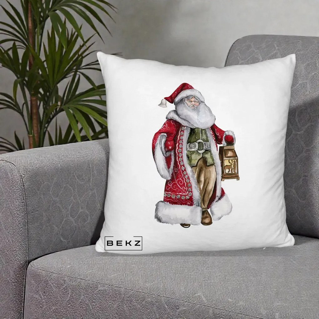 Perna Decorativa Mos Craciun Vintage cu Felinar, 40x40 cm, Alb Pufos, Husa Detasabila, Perna Inclusa, BEKZ®