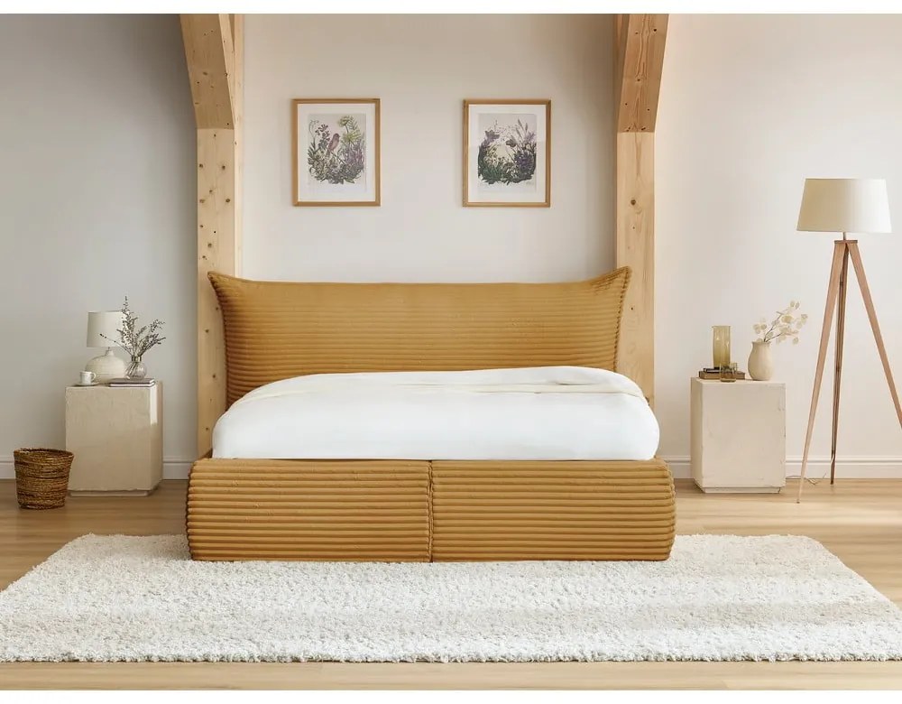 Pat matrimonial galben tapițat cu spațiu de depozitare cu somieră 180x200 cm Jade – Bobochic Paris