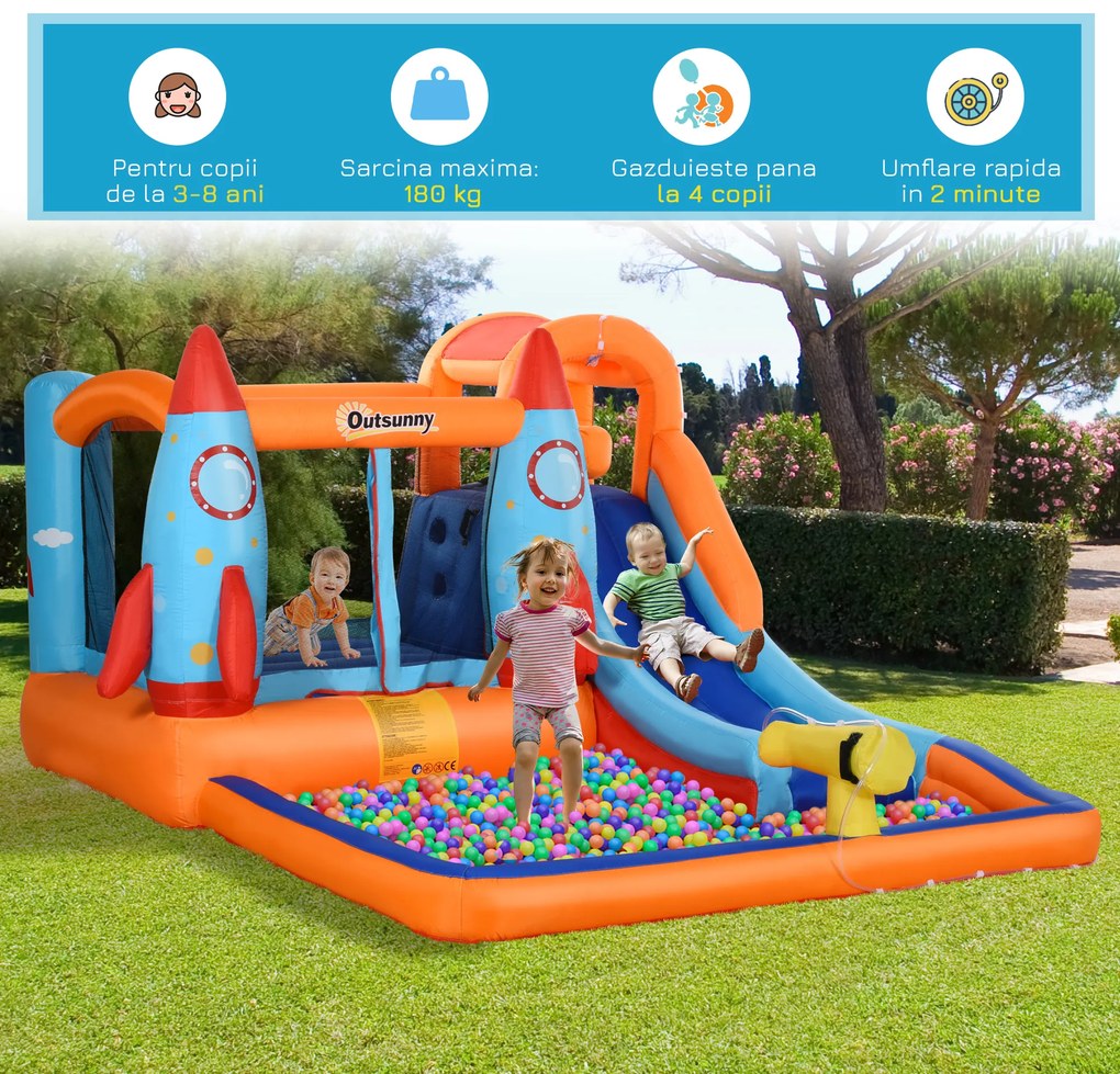 Outsunny Castel Gonflabil pentru Copii Piscina cu Tobogan si Trambulina, Pompa Electrica, 370x270x185cm, Multicolor | Aosom Romania