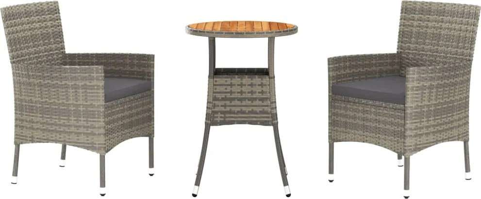 vidaXL Set bistro de grădină cu perne, 3 piese, gri, poliratan