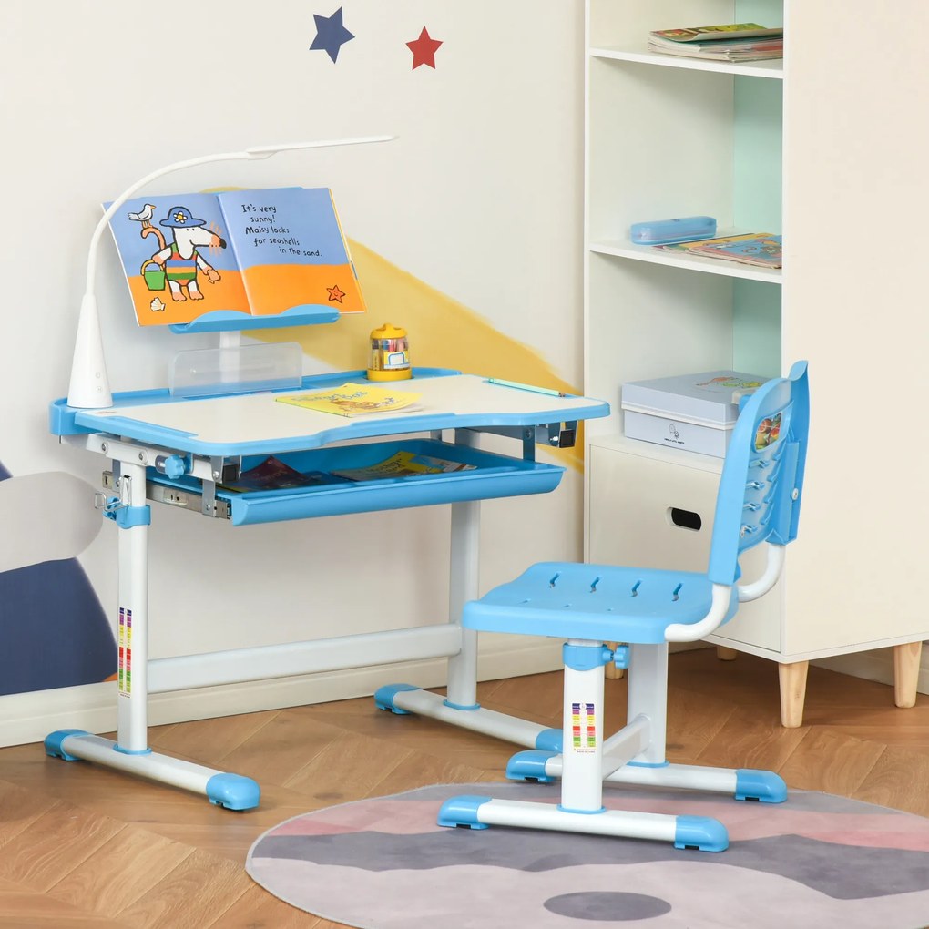 HOMCOM Birou Copii de 6-12 ani cu Lampa, masa cu scaune copii, cu design Ergonomic, Inălțimea Reglabilă, 70x49.5x80-105 cm | Aosom Romania