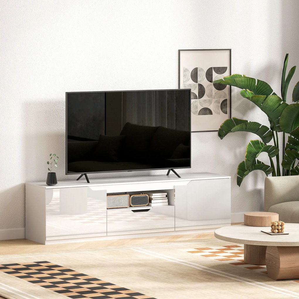 HOMCOM TV-Lowboard, lucios, pentru televizoare de până la 65 de inch, 3 făcuturi, sertar, 160 x 38 x 43 cm, Alb | Aosom Romania