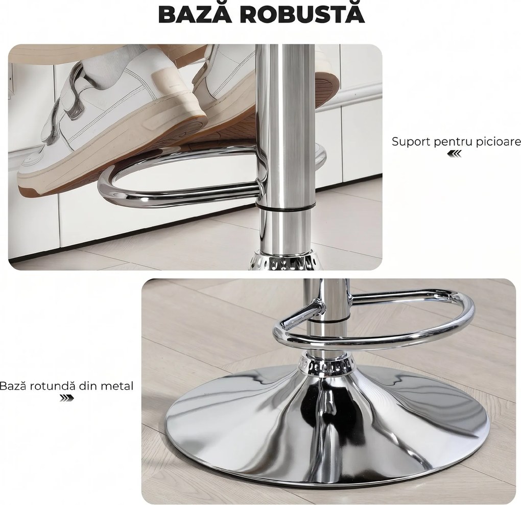 HOMCOM Scaun de Bar Reglabil, Șezut Extra Large Rotativ din Piele Ecologică PU, Gri | Aosom Romania