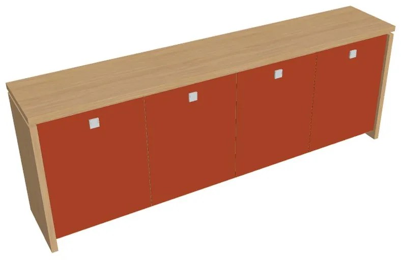 Dulap mic Verno 248 x 46 x 90 cm, uși de sticlă, stejar deschis / portocaliu