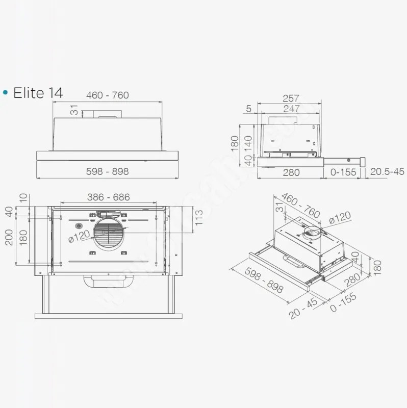 Hota de bucătărie încastrabilă Elica Elite 14 Lux WH 60, 121 W, 60 cm, clasa D, 304 m³/h, iluminare LED, alb