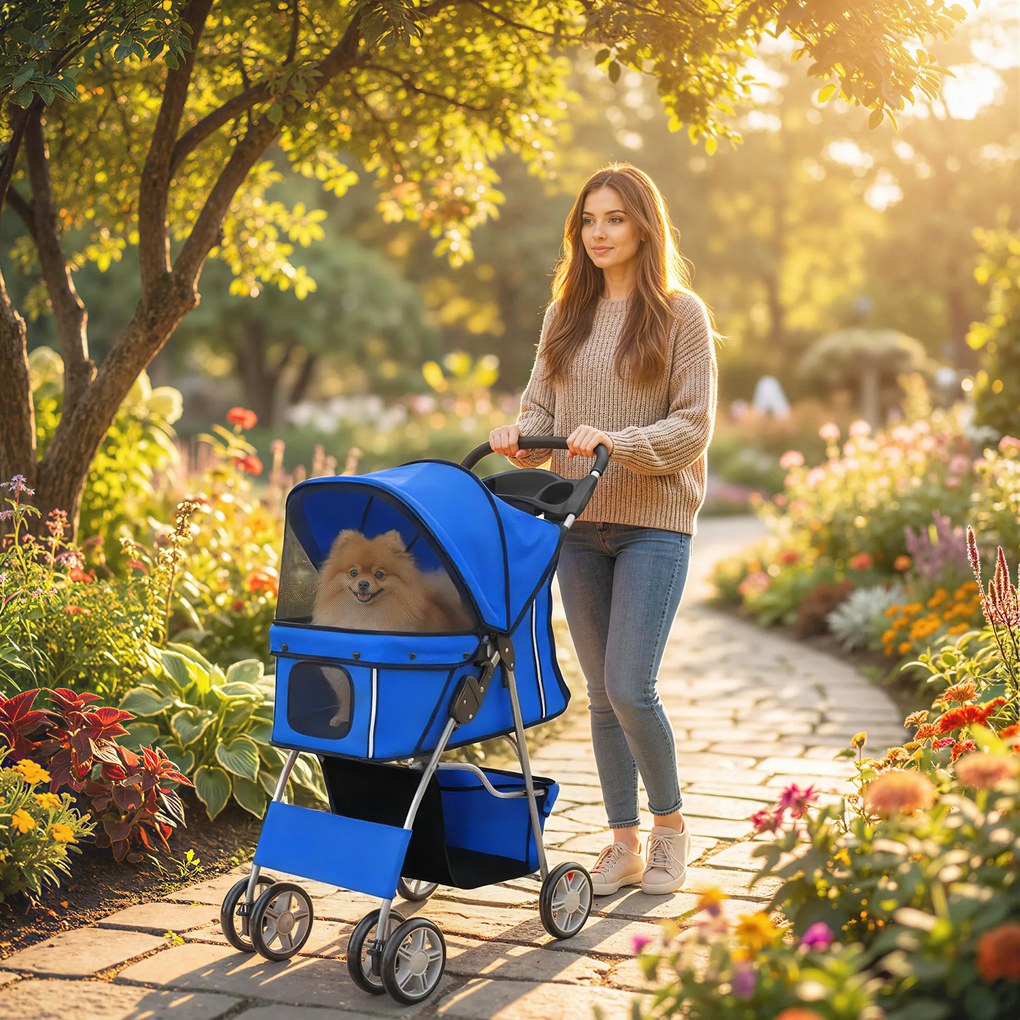 PawHut Cărucior pentru Câini Pliabil cu Benzi Reflectorizante, Roți Rotative, Frâne și Pernă Lavabilă, Albastru | Aosom Romania