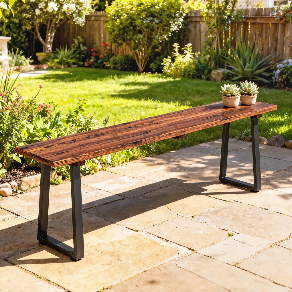 Outsunny Banc de grădină din lemn fără spătar, picioare trapezoidale din oțel, 2 locuri cu aspect de lemn, 150x28x48 cm, carbonizat | Aosom Romania