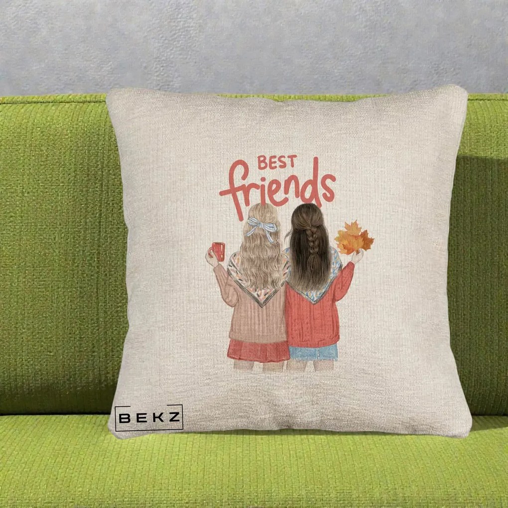 Cadou pentru Prieteni - Perna Personalizata Best Friends Toamna, 40x40 cm, Bej Canapea, Husa Detasabila, Perna Inclusa, BEKZ®