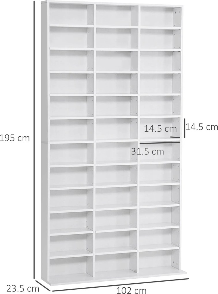 HOMCOM Bibliotecă CD de perete cu 36 de rafturi reglabile, 195 x 102 x 23.5cm, alb | Aosom Romania