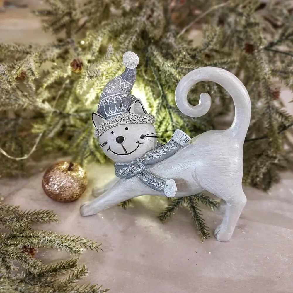 Decoratiune pisica, Winter Cat, gri, 14.5 cm - modele diverse
