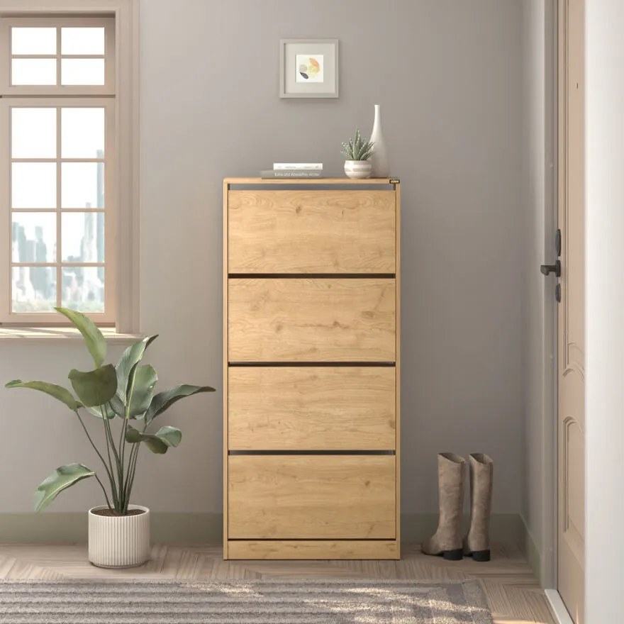 Dulap Pantofi Inalt Adore XL – Pantofar cu Adancime Slim (26 cm) pentru Hol, 4 Compartimente Rabatabile, Capacitate 24 Perechi