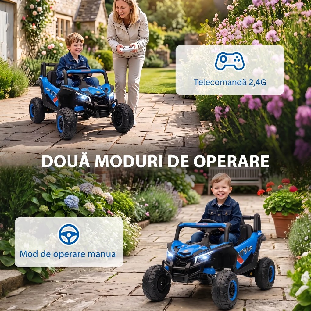 AIYAPLAY Mașină Electrică UTV pentru Copii 12V cu Centură, Telecomandă, Suspensii, USB, 3-7 km/h, 3-5 Ani, Albastru | Aosom Romania