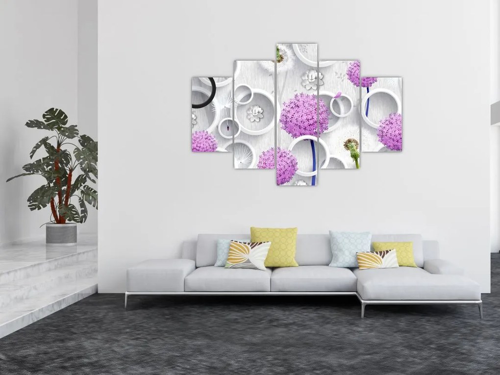 Tablou cu abstracție 3D cu cercuri și flori (150x105 cm)