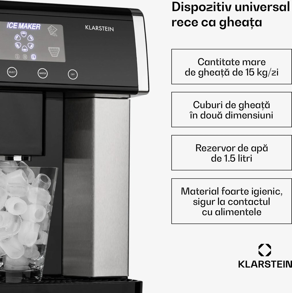 Klarstein Eiszeit mașină de făcut cuburi de gheață din oțel inoxidabil, 3 dimensiuni de cuburi de gheață, argintie.