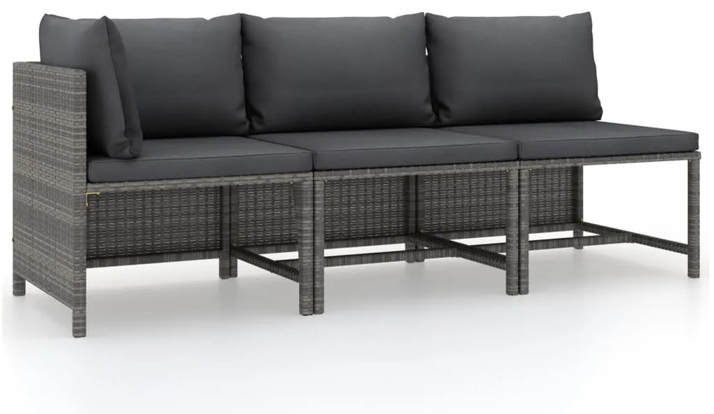 vidaXL Set mobilier de grădină cu perne, 3 piese, gri, poliratan
