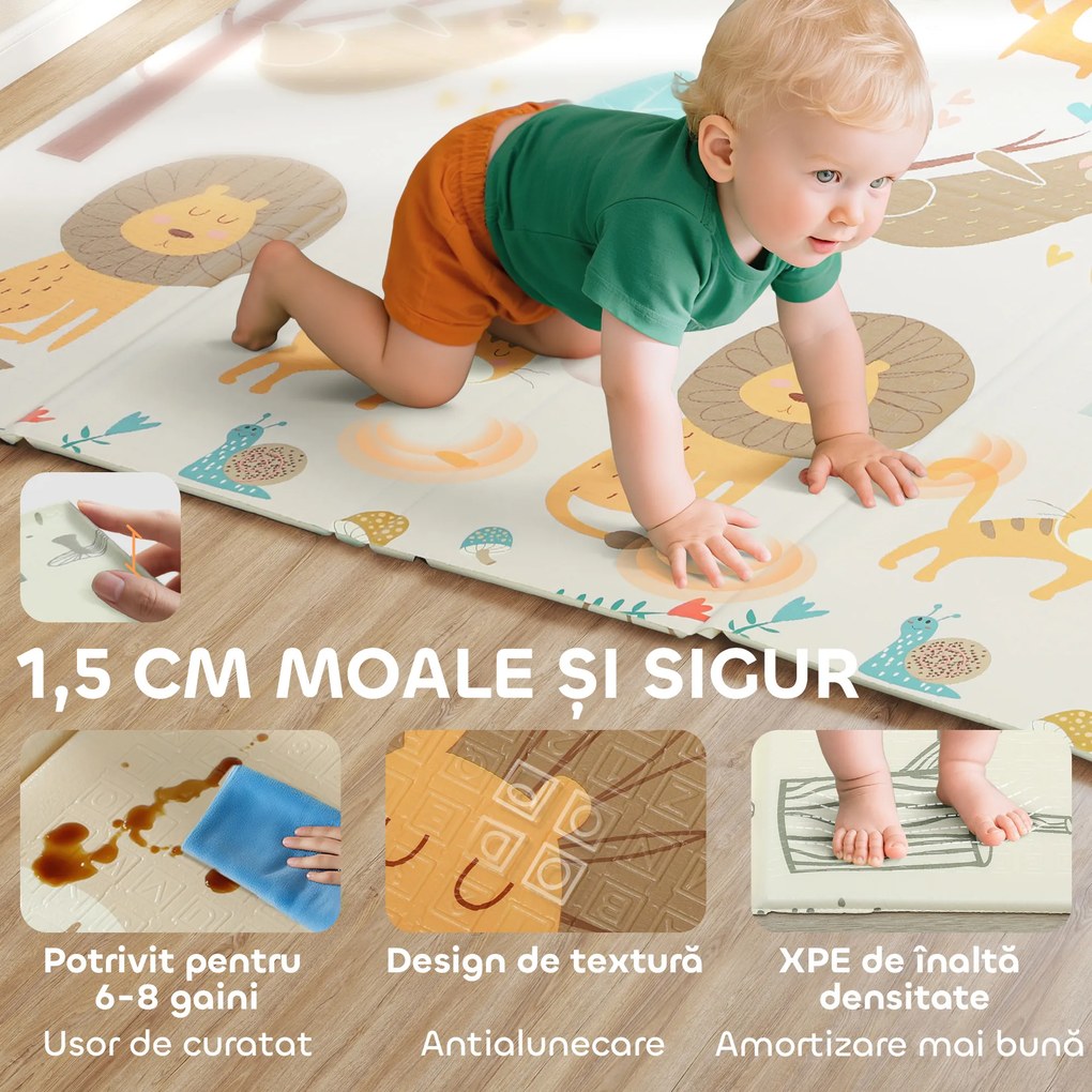 AIYAPLAY Covoraș Bebeluși Pliabil, Reversibil, Impermeabil, 196x176cm, Temă Animalieră | Aosom Romania