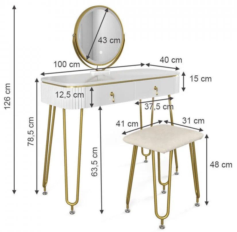 SEA398 - Set Masa toaleta, 100 cm, cosmetica machiaj, oglinda cu LED, scaunel taburet tapitat - Alb Lucios-Auriu