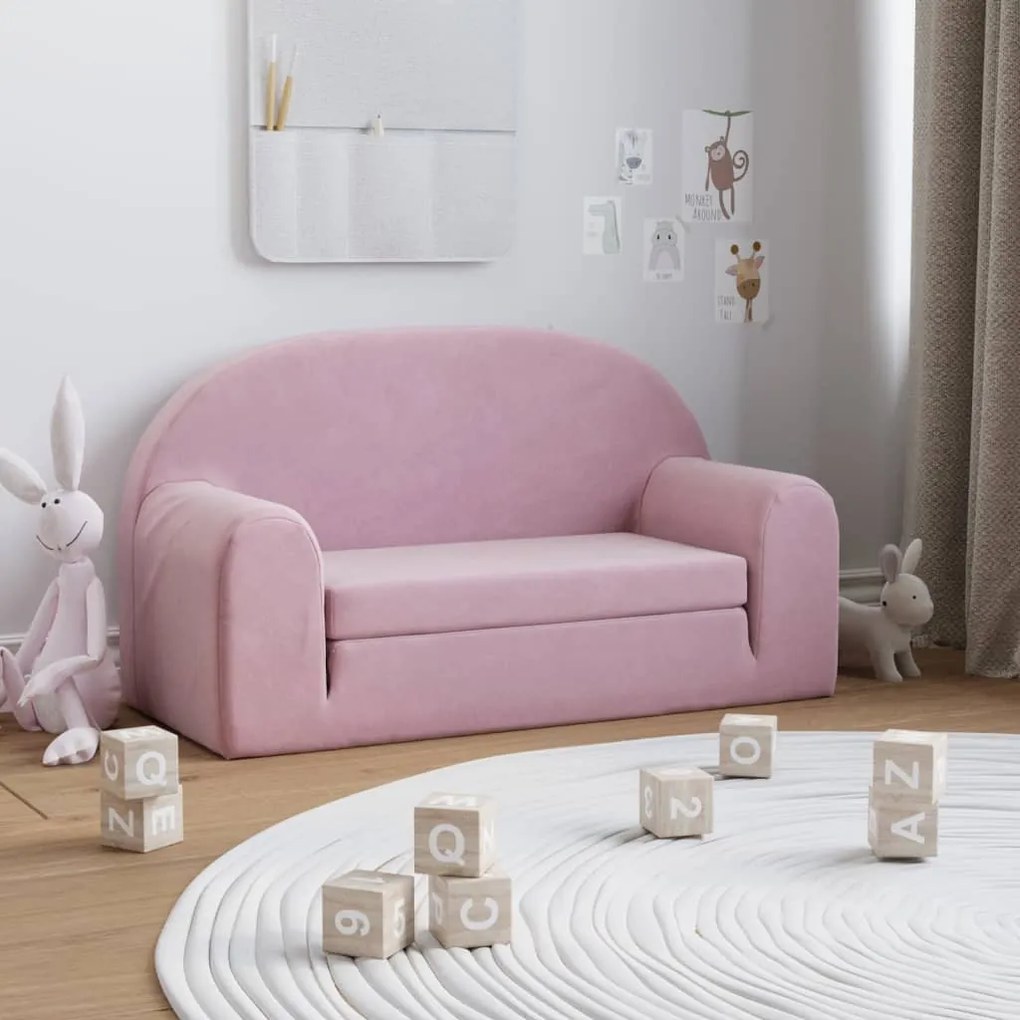 341808 vidaXL Canapea extensibilă de copii cu 2 locuri, roz, pluș moale