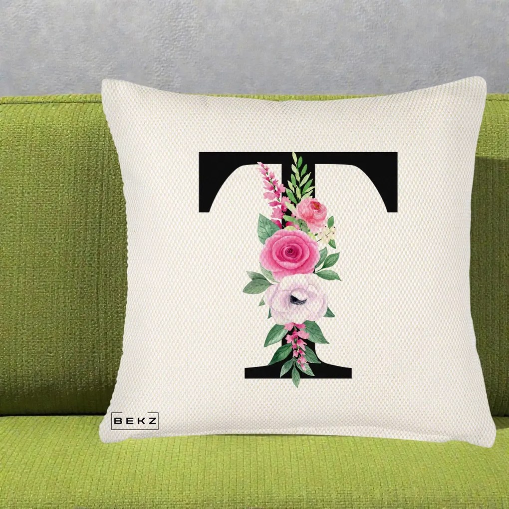 Cadou Personalizat - Perna Personalizata Monograma Florala Litera T, 40x40 cm, Crem Reliefat, Husa Detasabila, Perna Inclusa, BEKZ®