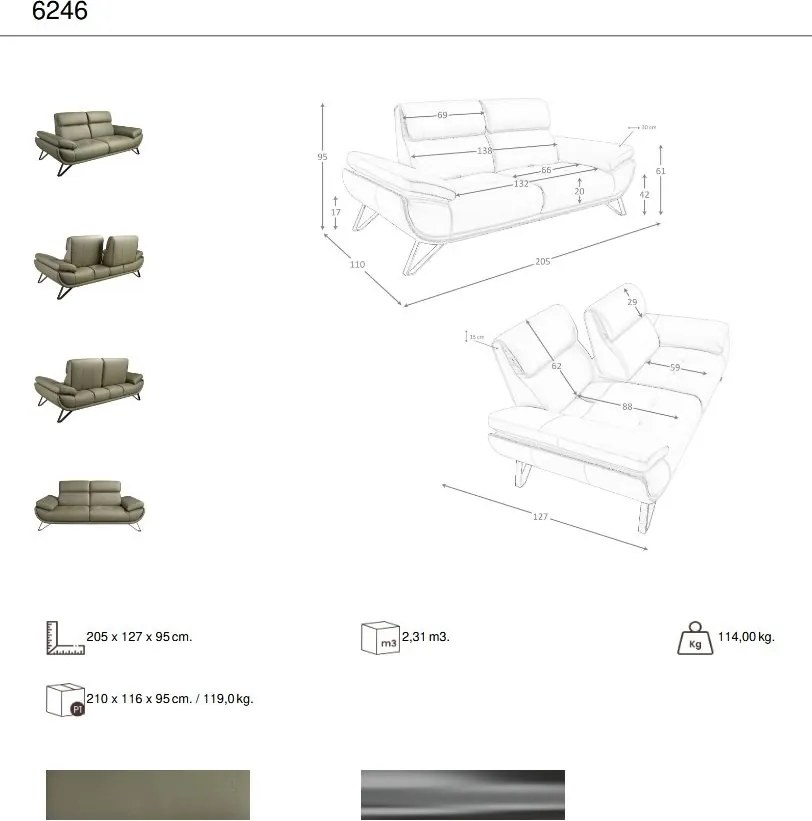 Canapea 2 locuri, tapitata cu piele naturala, spatar rabatabil Verde masliniu