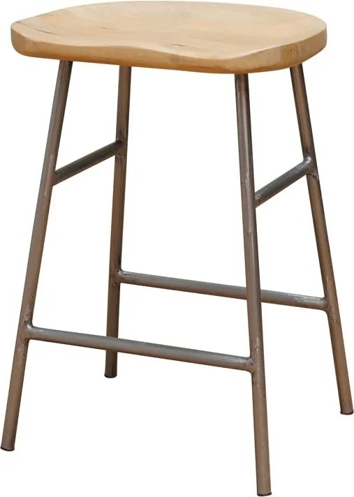 Scaun de bar din lemn de mango și metal, natur, pentru insulă, în stil industrial, cu șezut scobit și suport pentru picioare, 60 x 42 x 37 cm, „Hinto”