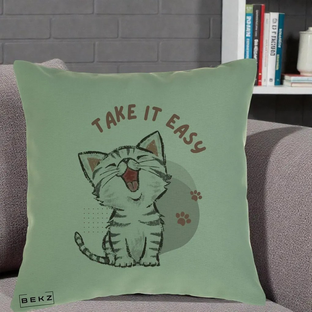 Perna Personalizata Take It Easy Cat, 40x40 cm, Verde, Husa Detasabila, Perna Inclusa, BEKZ®
