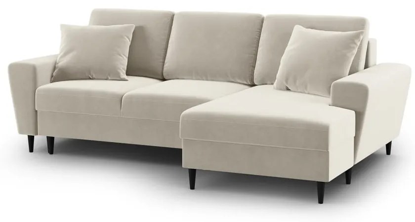 Colțar bej extensibil, cu spațiu de depozitare cu tapițerie din catifea (cu colț pe partea dreaptă, cu șezlong) Kyoto – Cosmopolitan Design