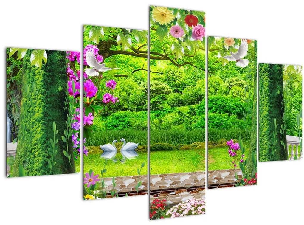Tablou - Grădina magică cu lebede (150x105 cm)