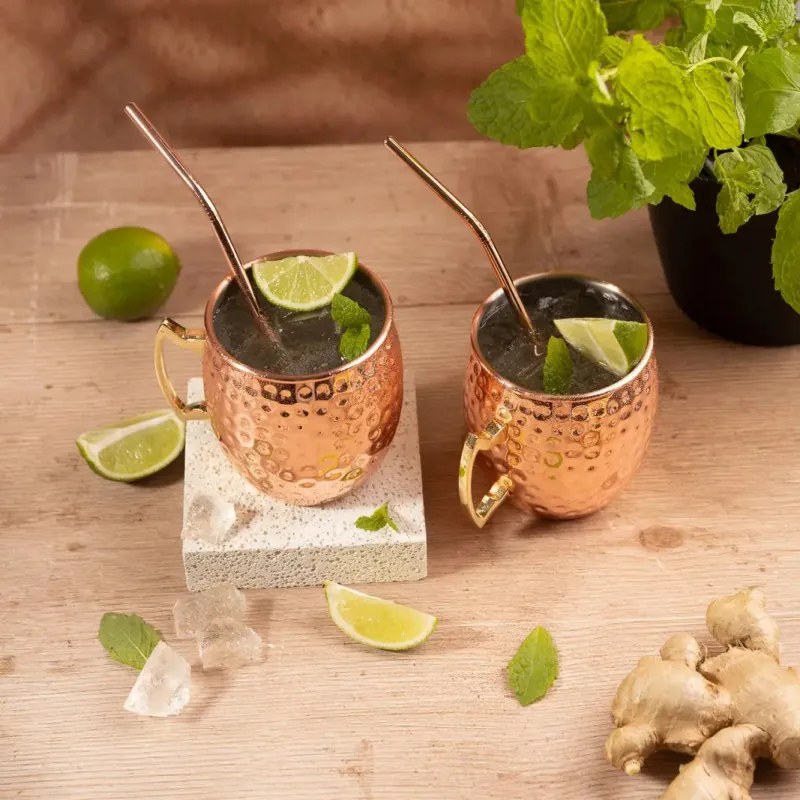 Set de pahare pentru Moscow Mule Kinghoff KH 2000, 2 buc, 500ml, 2 paie, oțel inoxidabil, cupru