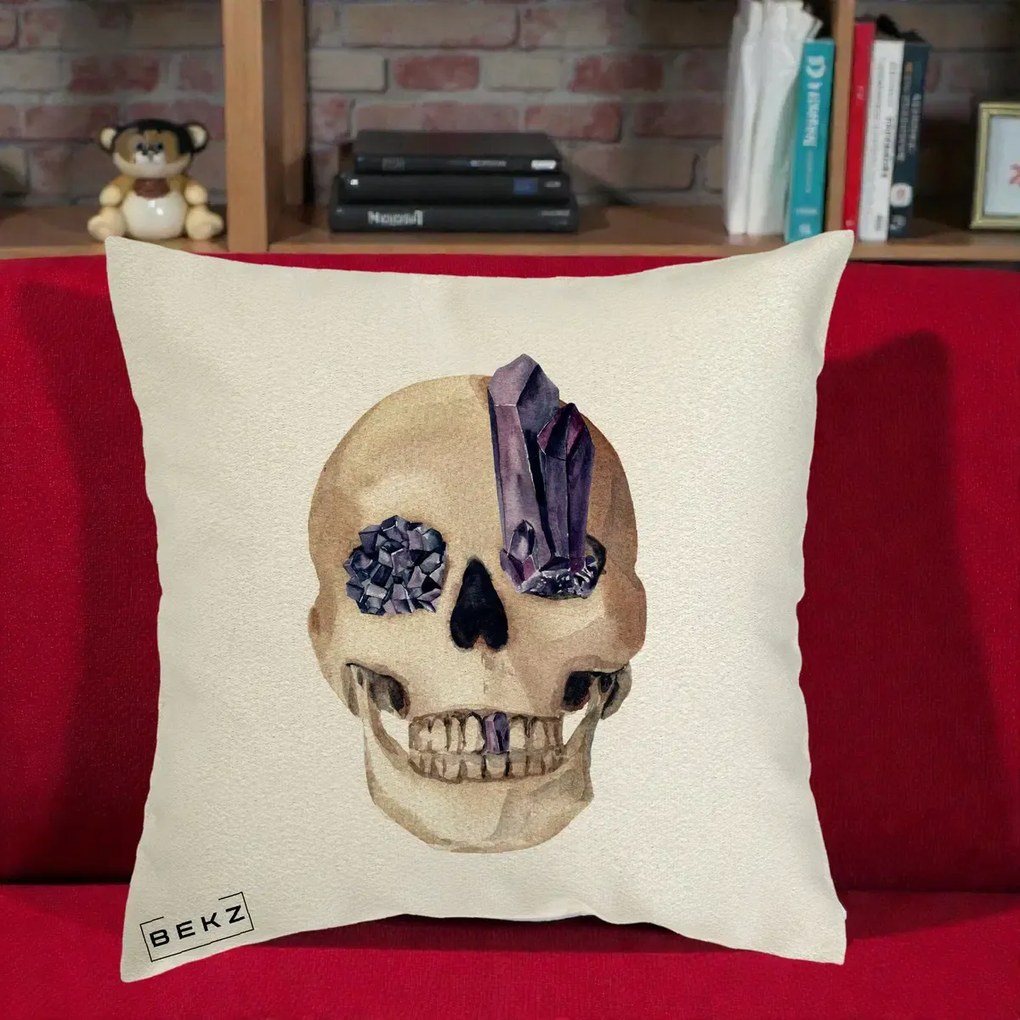 Perna Decorativa Craniu cu Cristale de Ametist, 40x40 cm, Ecru, Husa Detasabila, Perna Inclusa, BEKZ®