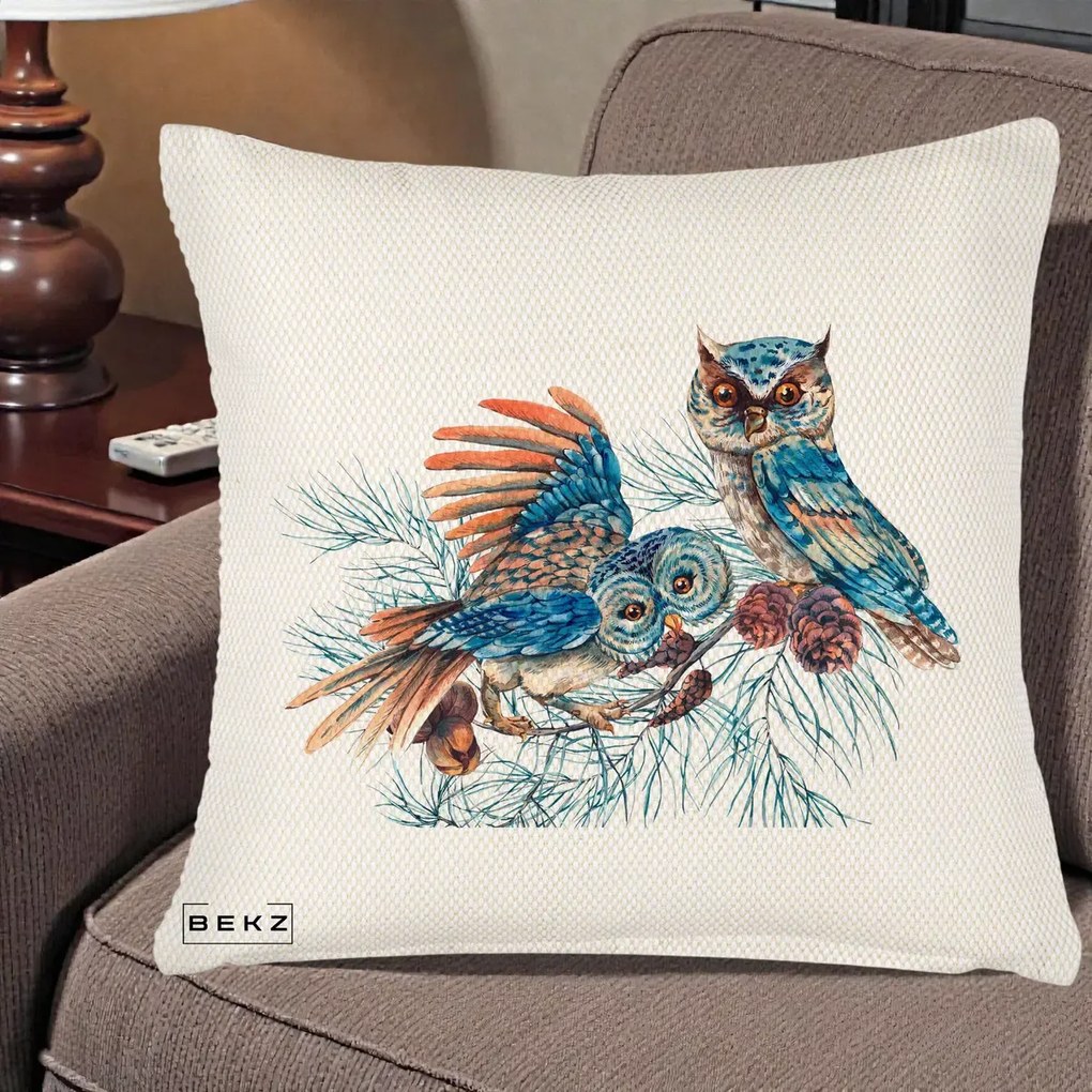 Perna Decorativa Bufnite de Iarna Albastre, 40x40 cm, Crem Reliefat, Husa Detasabila, Perna Inclusa, BEKZ®