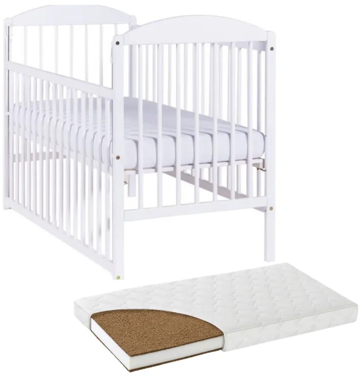 Patut din lemn masiv 120x60 cm Kidizi Orella alb cu laterala culisanta si saltea cocos LUX 120x60x9 cm, reglabil pe 3 nivele, certificat EN71