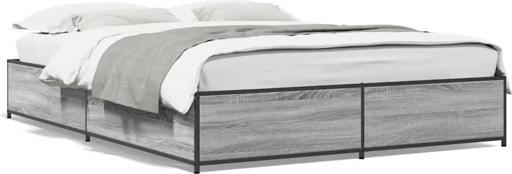 vidaXL Cadru de pat, gri sonoma, 150x200 cm, lemn prelucrat și metal